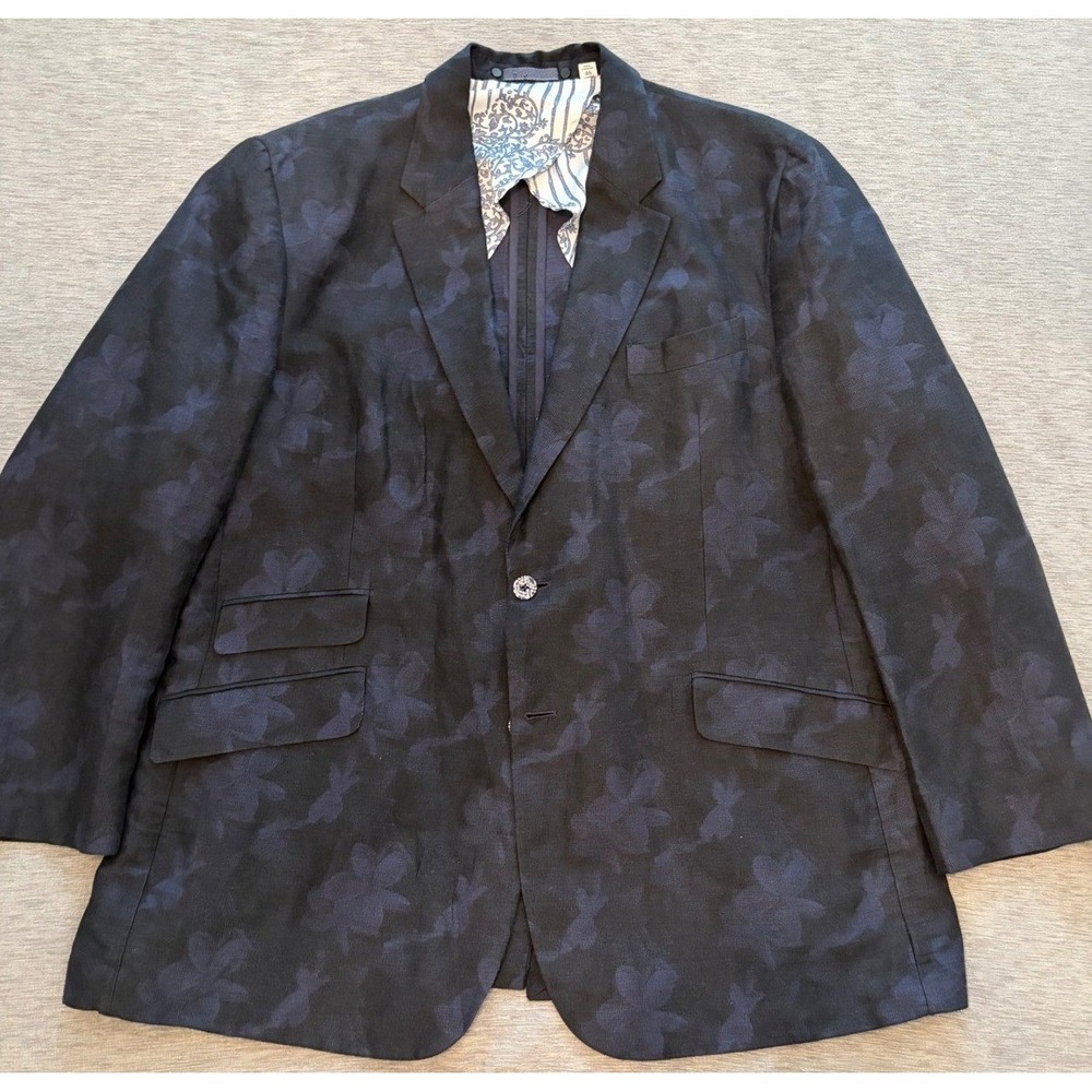 Robert Graham Mens Floral Jacquard Linen Blend Blazer Navy Blue Sport Coat 44